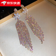 巴克樂樂銀針鑲鉆鋯石花朵長(zhǎng)款流蘇耳環(huán)歐美輕奢高級(jí)感耳釘禮服夸張耳飾女 銀針-金色-AB彩鉆