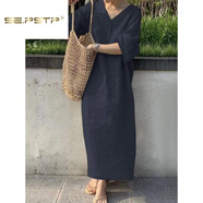 SE.PSTP夏季薄款V領(lǐng)亞麻連衣裙女日系簡(jiǎn)約復古寬松慵懶風(fēng)短袖棉麻長(cháng)袍子 藏青色 (少量現貨) 2XL 【建議130-140斤】