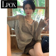 LPOX夏季女裝鏤空針織衫薄款外搭空調衫學(xué)院慵懶風(fēng)法式打底小上衣女 灰色 L 建議110-120斤