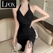 LPOX純欲風掛脖修身包臀短裙女夏季2025新款吊帶連衣裙綁帶氣質(zhì)小裙子 黑色(性感辣妹) M (80-95斤)