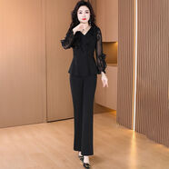 啄木鳥(niǎo)時(shí)尚洋氣質(zhì)拼接網(wǎng)紗荷葉袖套裝女2025春秋新款名媛收腰顯瘦兩件套 黑色 M 【建議85-100斤】