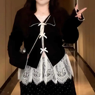 索宛亦（SUOWANYI）大碼女裝微胖mm2025新款春裝高級感蕾絲背心顯瘦上衣褲子三件套潮 黑色上衣+蕾絲打底+休閑褲 XL