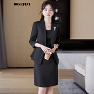 杜莎菲尼黑色無領西裝套裝女夏季薄款2025新款高級感西服外套兩件套 黑色西裝+黑色連衣裙 XL