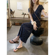 DWRW藏藍色小個(gè)子碎花連衣裙夏季薄款2025新款修身法式中長(cháng)裙子 長(cháng)裙+藏藍色 M [建議85-100斤]