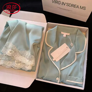 浪莎三件套冰絲女士睡衣夏季高級感蕾絲家居服生日禮物送女友老婆禮盒 薄荷綠-短 袖長(cháng)褲【禮盒裝】 M 【80-110斤】