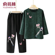 俞兆林（YUZHAOLIN）奶奶春秋棉麻兩件套長(zhǎng)袖t恤女中老年媽媽寬松大碼洋氣70歲80衣服 229-綠色套裝 XL (建議80-100斤)