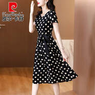 皮爾卡丹（pierre cardin）媽媽V領(lǐng)黑色短袖雪紡連衣裙女夏季氣質(zhì)波點(diǎn)中長(cháng)裙減齡洋氣裙子夏 波點(diǎn) S [80-95斤]