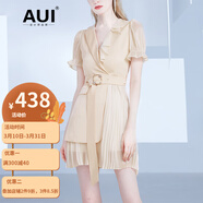 AUI連衣裙女2022年夏季新品小個(gè)子顯高裙荷葉邊設(shè)計(jì)感百褶短袖裙子 杏色 M