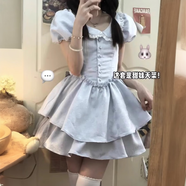 衣然呈品茶歇娃娃領(lǐng)法式復(fù)古連衣裙仙女裙女夏公主蓬蓬短裙甜美小眾裙子女 藍(lán)色 S 【建議85-105斤】