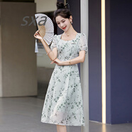 SXA香港潮牌短袖碎花連衣裙女2025夏裝新款收腰氣質(zhì)小個(gè)子打底A字裙 黛綠 M