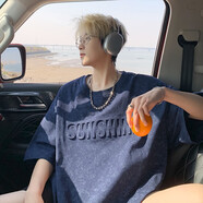主意范（ZHUYIFAN）夏季短袖男款寬松鋼印五分袖衣服青少年半袖體恤美式風(fēng)重磅T恤男 t2503藏青 4XL 約185-200斤可穿