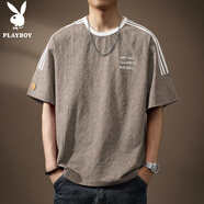 花花公子;PLAYBOY高端冰絲涼感速干泡泡紗短袖t恤男寬松印花圓領(lǐng)夏季薄款半袖體恤 太空灰 XL 適合145-160斤