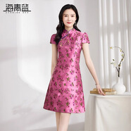 海青藍女裝2025夏季新款新中式國風(fēng)時(shí)尚印花氣質(zhì)泡泡袖斜襟旗袍連衣裙 玫紅色 L