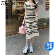 FSAT韓系條紋polo領(lǐng)短袖連衣裙女2025夏季修身顯瘦氣質(zhì)包臀長裙子 杏色/優(yōu)質(zhì)款 商場同款 M 商場同款