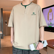 龍桃子假兩件短袖t恤男夏季五分半袖男潮牌ins青少年帥氣百搭中袖體恤衫 2533卡其 L 約105~120斤可穿