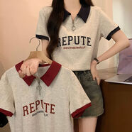 妙奕嘉短袖t恤女潮流新款polo衫女夏季女裝半袖高顏值上衣短款甜美學生 灰色撞色字母短袖 L