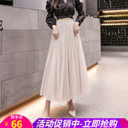 歐貝汐紗裙女半身裙春夏春秋冬新款高腰長款百褶裙仙女網(wǎng)紗裙子長裙 杏色 均碼 (建議80-140斤)