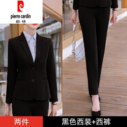 皮爾卡丹（pierre cardin）卡其色小西裝外套女春秋新款韓版時(shí)尚工作服休閑職業(yè)氣質(zhì)西服套裝 黑色西裝+黑色九分褲可系腰帶 M