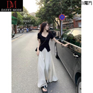 DAVEY MODE套裝女兩件套2025年新款女士夏季衣服短袖T恤夏季高腰褲長裙褲 【兩件套裝】黑色短袖上衣杏色褲子 M :95-108斤