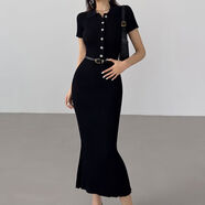 XCFREHT夏歐美式魚(yú)尾連衣裙女御姐長(cháng)款修身緊身小個(gè)子短袖打底包臀超長(cháng)裙 黑色面料 S