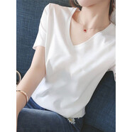 皮爾卡丹（pierre cardin）純C棉V領(lǐng)短袖t恤潮牌國潮女領(lǐng)2025早春夏季小眾設計感白色上衣服 純色【白色v領(lǐng)】 L 【111-125斤】