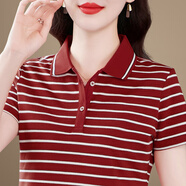 蒂羅藍艦短袖t恤女寬松2025新款時尚顯瘦減齡條紋POLO衫小個子媽媽上衣 棗紅【32132款】 M 【建議85-98斤】