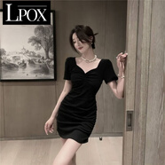 LPOX包臀裙女2025年夏季新款修身顯瘦辣妹a字連衣裙女百搭短袖連衣裙 黑色  XL 120-130斤