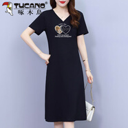 啄木鳥(niǎo)（TUCANO）純.棉休閑V領(lǐng)連衣裙女夏2025新款收腰顯瘦中國風(fēng)氣質(zhì)過(guò)膝T恤裙 黑色(美女雙心) M 95斤-100斤