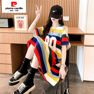 皮爾卡丹（pierre cardin）大碼胖mm小心機露肩彩色條紋短袖T恤女夏季寬松中長款體恤裙200斤 紅色 L (110-140斤)