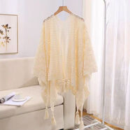 閑森馬印民族針織流蘇開(kāi)衫外鏤空百搭純色斗篷披肩裙子旅行蕾絲罩衫防曬衣 復古米 S