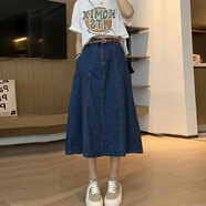 憶思減新中式顯瘦牛仔半身裙女2025年夏季新款寬松高腰小個子a字中長裙 深藍色 M 【建議96-105斤】