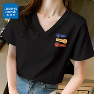 真維斯（JEANSWEST）正肩短袖t恤2025新款夏季小個(gè)子純棉透氣半袖體恤時(shí)尚顯瘦v領(lǐng)上衣 黑色 三種情緒_K M