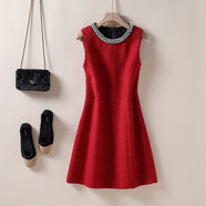 JPUZ25秋季新款毛呢時(shí)尚圓領(lǐng)無(wú)袖背心女亮鉆氣質(zhì)收腰小個(gè)子連衣短裙子 紅色 M 建議105斤以?xún)?
                                         title=