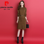 皮爾卡丹（pierre cardin）2025新款春秋款時尚長袖連衣裙氣質收腰系帶純羊毛毛衣裙打底裙 棕駝色 L (適合115-125斤以內)