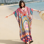 卡悠萊（KAYOULAI）夏天海邊度假波西米亞沙灘裙風(fēng)長裙大碼寬松遮肉泰國印花連衣裙夏 紅色 均碼