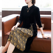 寶蓮朵媽媽春秋裝國風(fēng)連衣裙中年女裝金絲絨洋氣改良旗袍中老年高貴裙子