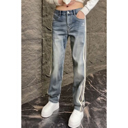 hteec香港潮牌青年直筒休閑褲春夏新款條紋牛仔長(cháng)褲男士百搭修身闊腿褲 藍色 29