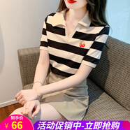 歐貝汐櫻桃刺繡黑白條紋短袖2023夏季新款休閑百搭條紋翻領(lǐng)T恤 圖片色 L