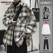 威登羊衣服男士小香風(fēng)炸街夾克男痞帥男裝一套裝秋季格子毛呢外套高級感 白格子夾克+白長(cháng)T+西褲【三件 XL