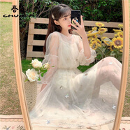 春乏法式甜美風(fēng)公主裙子夏季2025年新款甜美a字裙顯瘦泡泡袖連衣裙女 杏色[網(wǎng)紗裙+吊帶裙] M 85-105斤