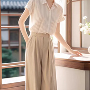 香愛蜜（XIANGAIMI）休閑套裝女夏季新款職業(yè)短袖條紋襯衫闊腿褲兩件時(shí)尚套裝女 單褲子 XL