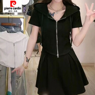 皮爾卡丹（pierre cardin）小個(gè)子穿搭運動(dòng)休閑套裝裙褲夏新款韓版短款短袖T 黑色 【品質(zhì)套裝】 L 【建議100-115斤】