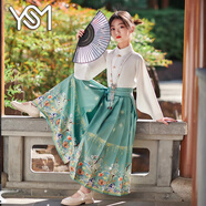 翊尚美兒童馬面裙子女童漢服夏季公主裙套裝六一兒童節(jié)表演服裝連衣裙 雀青色噴金馬面裙+長袖上衣+項(xiàng)鏈 150 【推薦身高145-154cm】