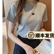 幻黛短袖t恤女夏季女裝棉白色打底衫品牌純色女士短袖新款印花白t恤女 灰色-皇冠刺繡款 2XL 【建議120-130斤】