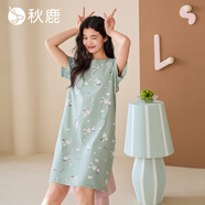 秋鹿睡衣女25夏季純棉圓領(lǐng)短袖可愛(ài)卡通寬松休閑連衣裙家居服 淺灰綠【帶胸墊】 XL