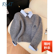 FSAT假兩件襯衫領(lǐng)毛衣女春秋裝新款內搭慵懶風(fēng)撞色翻領(lǐng)灰色針織衫上衣 灰色 M 建議95-105斤