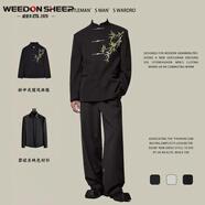 威登羊新中式國風(fēng)休閑西服套裝男士春秋季中國風(fēng)刺繡中山裝漢服男裝衣服 黑外套+黑襯衫【兩件 5XL 【高質(zhì)量】