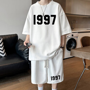 花花公子（PLAYBOY）大學(xué)生休閑t恤套裝夏季200斤胖子大碼短袖青少年短褲兩件套 TZ64白色套裝 M 建議90-110斤