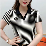 歐妤條紋短袖t恤女v領2025夏季女裝新款韓版百搭休閑體恤女上衣打底衫 黑白色條紋 2XL 建議120-130斤