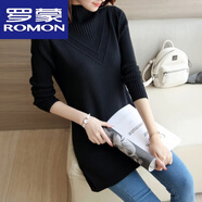 羅蒙（ROMON）高檔羊毛衫包芯紗秋冬新款韓版女毛衣中長(zhǎng)款打底針織衫純色半高領(lǐng) 黑色 M